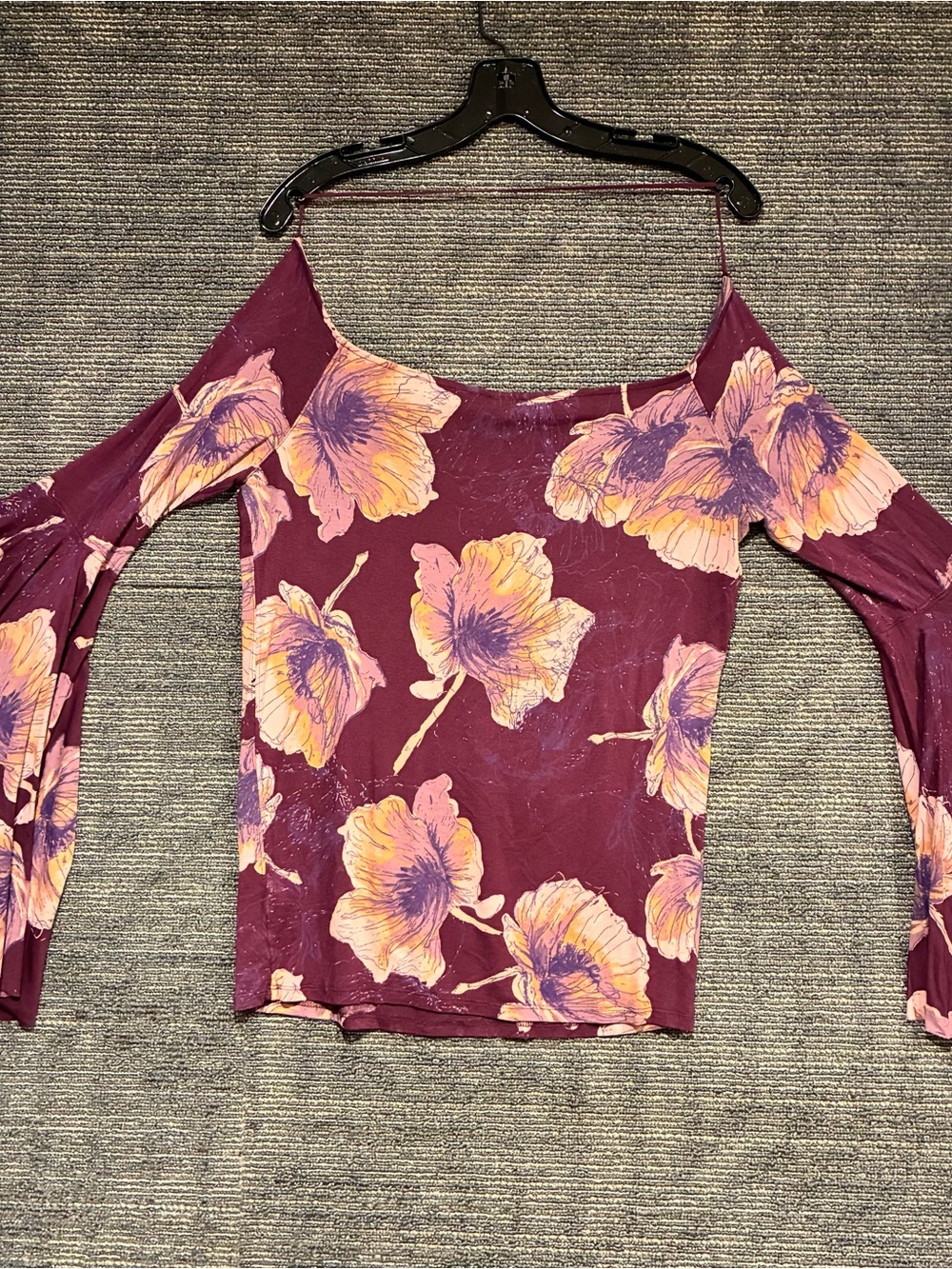 Free People Women's Floral Bell-Sleeve Top - Burgundy - Picture 6 of 11